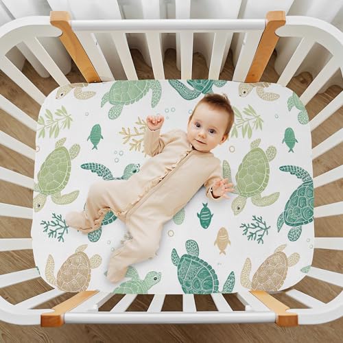 Image of Sea Turtles Crib Sheet for Boys Girls, Super Soft Breathable Fitted Crib Sheet for Standard Crib & Toddler Mattress, Nursery Sheet, 28x52 in