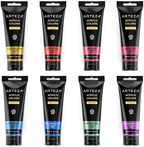 ARTEZA Metallic Acrylic Paint, Set of 8 Jewel Tones Colours in 120 ml Tubes, Rich Pigments, Non Fading, Non Toxic Paints for Artists & Hobby Painters, Art Supplies for Canvas Painting & Crafts