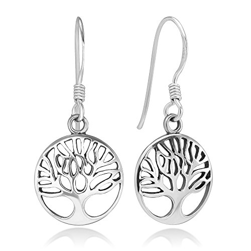 925 Sterling Silver Filigree Ancient Tree of Life Symbol Round Dangle Hook Earrings, 28 mm