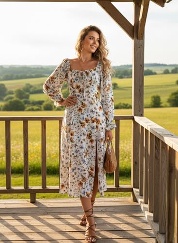 Image of BLENCOT Womens Casual Square Neck Long Sleeve Boho Floral Midi Dress Print Side Split Dresses