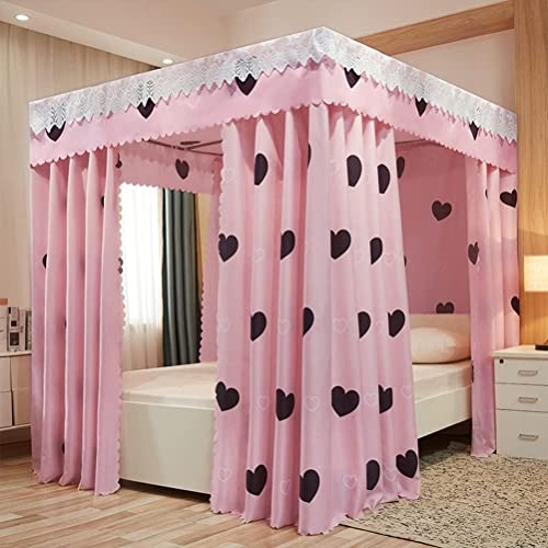 Cama doble con cortinas decorativas 2 en 1 y soporte de metal rosa para dormitorio de 180x200 cm 2