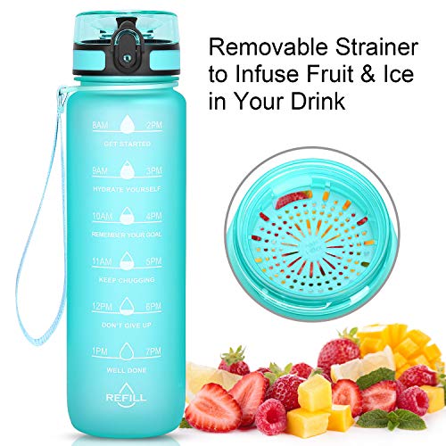 Favofit Water Bottle with Time Marker, 32 oz Motivational Water Bottle with Strainer & Cleaning Brush, Reusable & BPA Free Tritan Water Bottle for Sports & Fitness, Mint