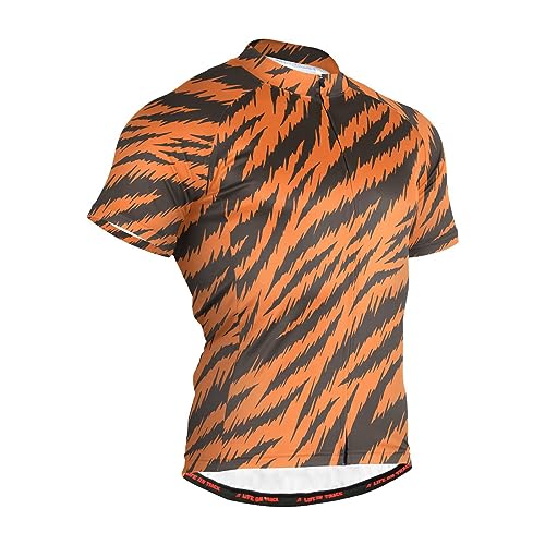 JHKKU Tiger Print Stripes Mens Cycling Jersey Full Zip Shorts Sleeve Pockets Tops Moisture Wicking, Breathable, Quick Dry Biking Shirt XL