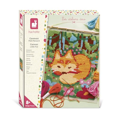 Janod – Kit Créatif Canevas Renard à Suspendre – Broderie Facile avec Fils Colorés + Strass – Activité DIY - Kit Canevas Dès 8 Ans
