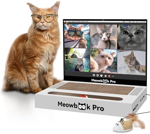 Cat Scratcher Laptop with 'Mouse' Jingle Ball, Stickers, 3-in-1 Cardboard Cat Interactive Toy, Kitten Toy & Cat Scratching Pad