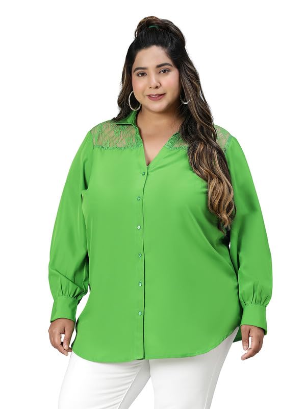 oxolloxo Women Plus Size lace Detailed Collared Long Sleeve Shirt