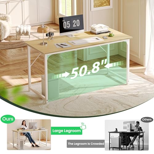 Image of Huuger Computer Desk, 54 Inch Office Desk, Gaming Desk with Storage, Writing Desk Work Desk for Home Office, Study, Modern Simple Desk, Large Legroom, Metal Frame, Maple