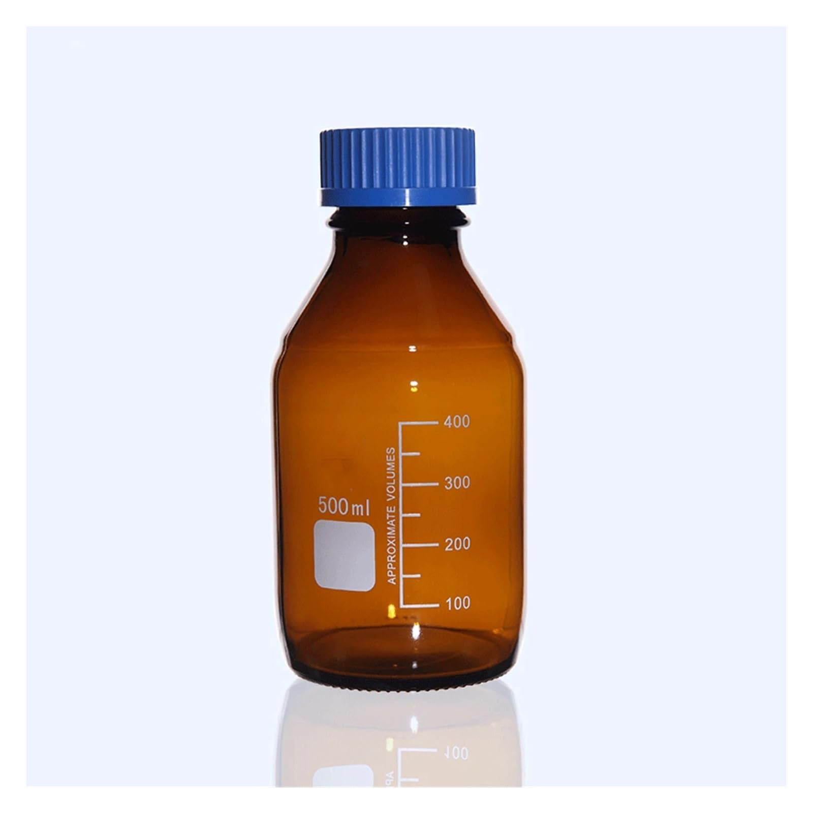 Szklana butelka laboratoryjna na odczynniki, Szklana butelka z odczynnikiem z podziałką i niebieską zakrętką. Szkło laboratoryjne 25-1000ml(100ml Brown Glass)