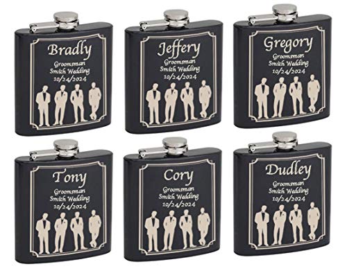 Top Shelf Flasks 6oz - Custom - Groomsmen - 6 Pack Hip Flask - Custom Engraving - Screw-On Leak Proof Cap - Bachelorette Party Favors - Groomsmen Gifts - 6-PACK in Black