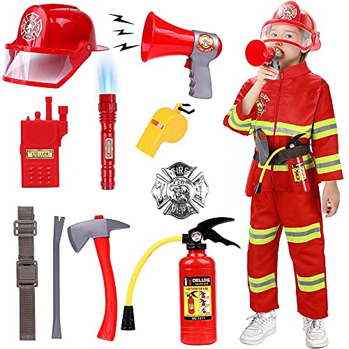 Golray Kids Fireman Costume Dress-Up Set Role Toys with Firefighter Accessories Costume Coat and Pants Boys Girls Halloween Gift