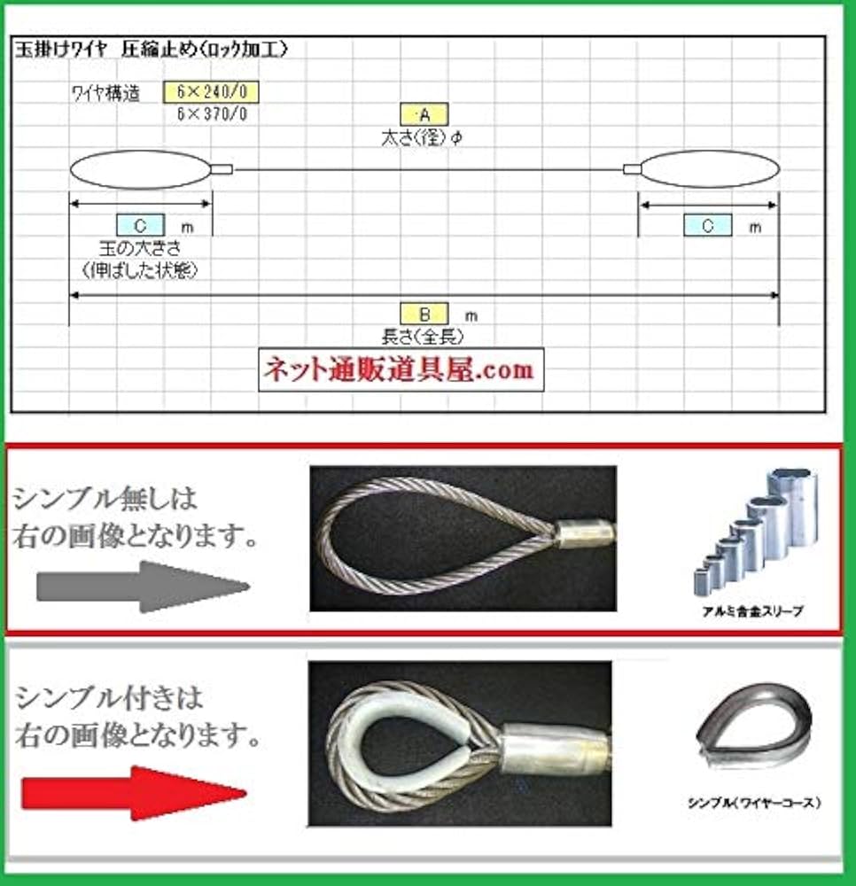 【大特価】玉掛けワイヤー　編み込み　6㎜×4M 0.5TON用　10本セット 楽天市場】玉掛け 両端圧縮止めワイヤー6×24O/O 径12mm 長さ4m
