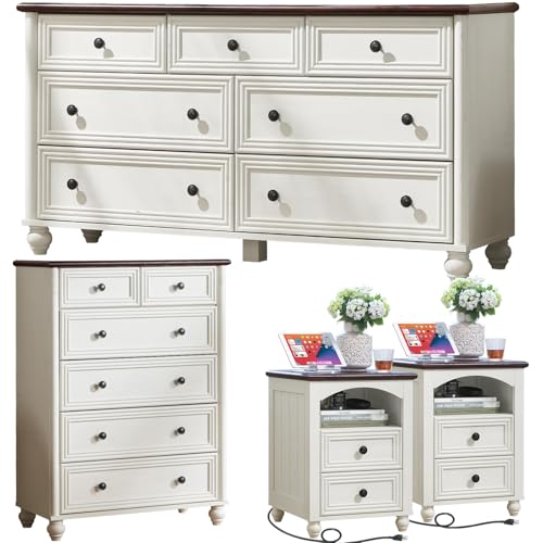 Farmhouse Dressers & Night Stand Set of 4, Wood 54" Wide Dresser & 43.5"Tall Chest of Drawers, 18" with Charging Station Nightstand Set of 2, Bedroom Furniture Dresser Set for Home Living Room Hallway