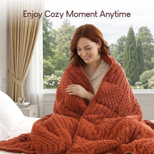 Image of Cottonblue Sherpa Fleece Weighted Blanket 15 lbs for Adults Queen Size, Soft Fuzzy Jacquard Weighted Blankets Throw 60 inch x 80 inch for Sleep Relax, Cozy Warm Knitted Heavy Blanket for Bed Sofa, Orange