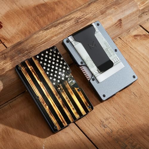 Minimalist Aluminum Wallet for Men, Slim RFID Blocking Money Clip, Wood Grain American Flag, Front Pocket Metal Card Holder for Business Travel, Personalized USA Gifts for Soldiers Veteran, Matte Gray2