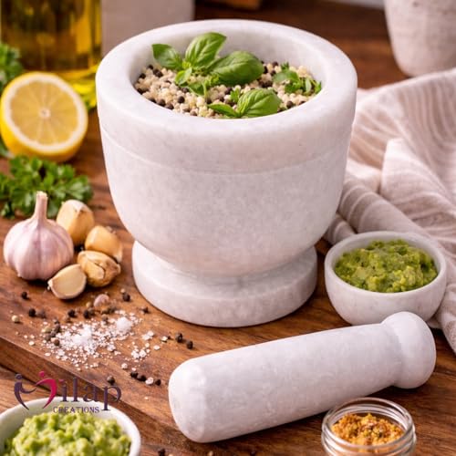 Image of Boat Shape Marble Mortar and Pestle Set Stone, Khalbatta, Kharal, Okhli, Musal Kitchen Tool For Crushing Grinding Blending (Imamdasta-White-4-Inch)