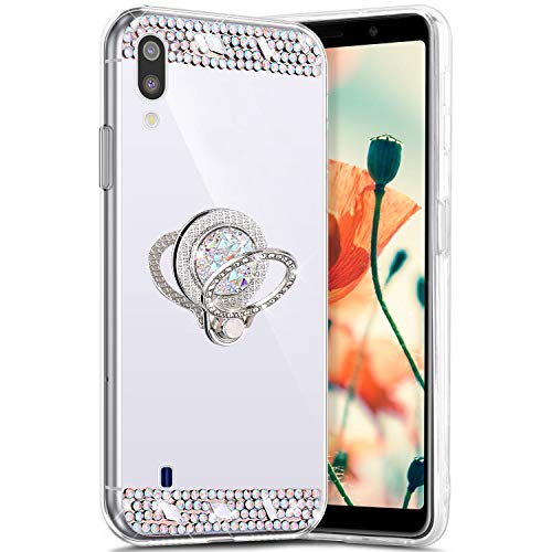 Robinsoni Case Compatible with Samsung Galaxy M10 Phone Cover Flexible Samsung Galaxy A10 Case Sparkle Silicone Case TPU Diamond Edge Bling Case 360 Degree Rotation Ring Cover Thin Bumper Case Silver