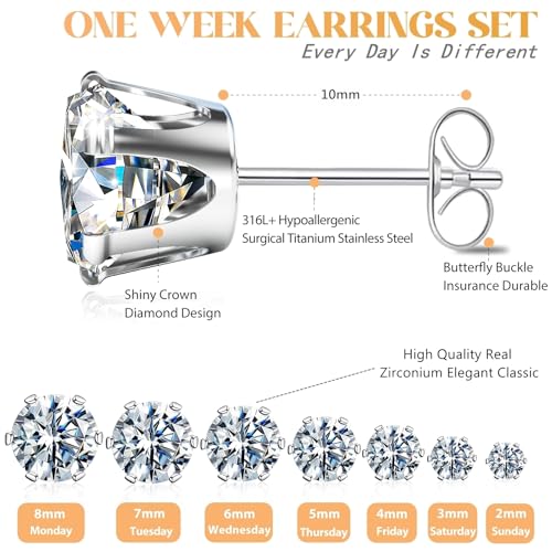 Silver Gold Black Stud Earrings Set 7Pairs Hypoallergenic Cubic Zirconia Titanium Stainless Steel Silver Rose Gold Black CZ Cartilage Stud Earrings Jewelry Sets for Women Men, 2-8mm CZ Stud Earrings2