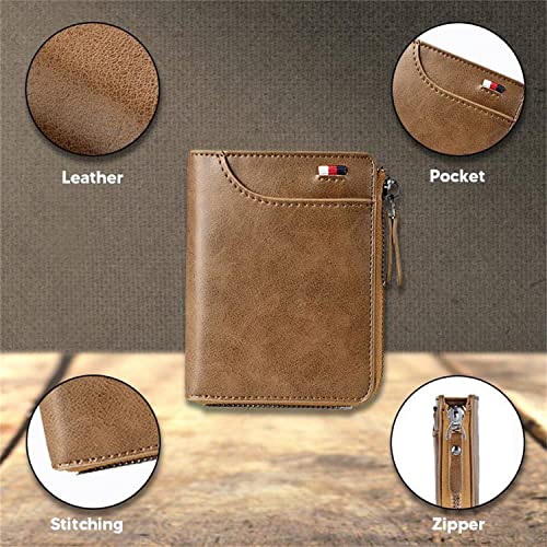 2023 New Multi-functional RFID Blocking Waterproof Durable PU Leather Wallet， Soft Slim Genuine Leather RFID Blocking Wallet，Large Capacity Zipper Wallets for Men Holds 1-14 Cards (C-brown)3