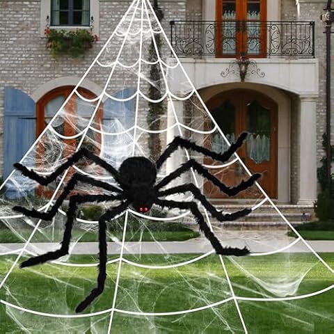 VASMIA Outdoor Halloween Decorations Scary Spider Decorations Set Comes with 79" Giant Fake Spider, 200" Triangle Web, for Halloween Yard Garden Lawn Haunted House Party Decor, Black Cover