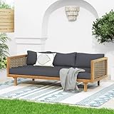 Merax 67.5' Outdoor Patio Daybed 3 Seater Sofa Bed,Acacia Wood Frame with Rattan Arm,Cushion & Pillow for Garden