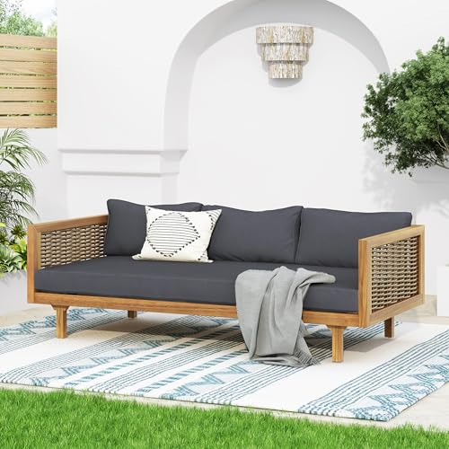 Merax 67.5' Outdoor Patio Daybed 3 Seater Sofa Bed,Acacia Wood Frame with Rattan Arm,Cushion & Pillow for Garden