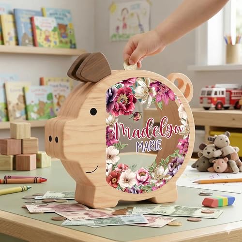 Image of Personalized Piggy Bank, Wooden Money Banks for Kids, Custom Gifts for Boys and Girls, Personalized Piggy Bank for Girls