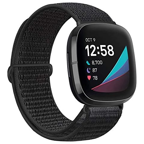 Runostrich Nylon Loop Straps Compatible with Fitbit Sense/Fitbit Versa 3, Soft Breathable Sport Adjustable Replacement Band Women Man Wristband Accessories (Dark Black) Cover