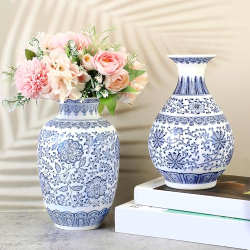 Maxcheck 2 Pieces Porcelain Blue and White Vase 9 Inch Chinoiseri...