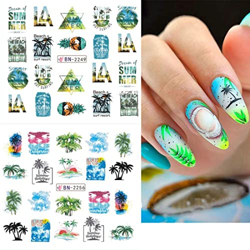 Summer Palm Tree Nail Art Stickers, Water Transfer Coconut Tree Nail Decals For Nail Art, Tropical Style Ocean Beach Nail Design Sticker For Diy Nails Design Manicure Tips Decorations 12Pcs #TOP4