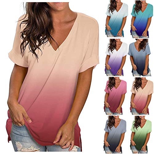 Fankle Womens Casual V Neck T Shirts Roll Up Short Sleeve Loose Solid Color Tunic Casual Plus Size Basic Tees Henley Tops(G#Wine,XXXL)