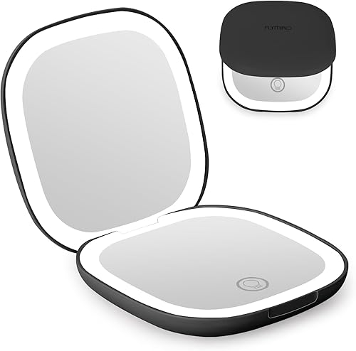 Espejo compacto, espejo de maquillaje de viaje recargable con luces, aumento de 1x5x, iluminación de 3 colores, LED portátil regulable de 2 lados,