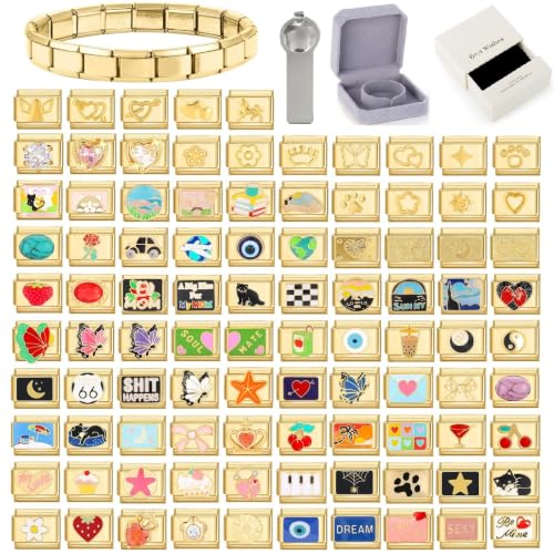 Image of papasgix Personalised Italian Charm Bracelet Charms Keychains Keyring Bulk Set Silver Gold Italian Charms Bracelets for Women Men Customized Stainless Steel 9mm Women's Charm (10pcs Gold)