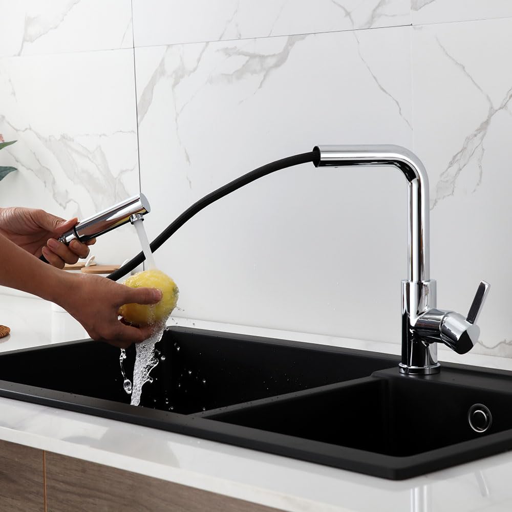 Grifo monomando extraíble y flexible modelo ZIE para fregaderos de cocina. Con apertura en frío. Fabricado completamente en latón cromado brillo
