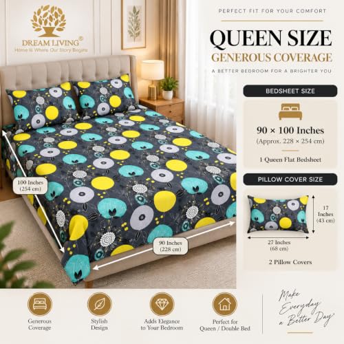 Image of Dream Living Microfiber Polycotton Flat Queen Double Bedsheet 144 TC, Size-(90 inchX100 inch Inches) (228 Cm X 254 Cm) with 2 Pillow Cover 17X27 Inchses (43X68) (Black-Lemon-Dot, Queen)