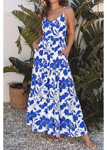 Image of KIRUNDO Sundresses for Women 2026 Spring Summer | Boho Floral Print Hawaiian Style, Sleeveless Spaghetti Strap, With Pockets, Beach Vacation Cruise Flowy Maxi Dress