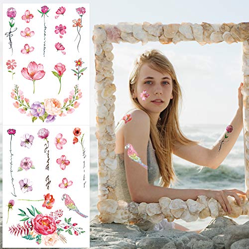 Qpout Blumen Temporäre Tattoos für Frauen Mädchen Kinder, 8 Blatt Wasserdichte Realistische Arm Ärmel Blume Rosa Rose Tätowierung Aufkleber Hand Rücken Hals Handgelenk Dekoration-Blume Vogel Reh