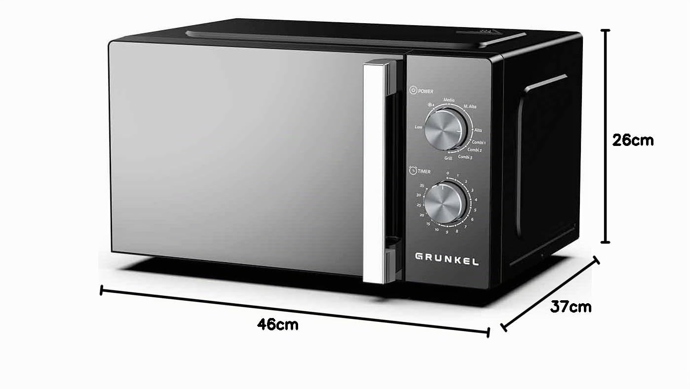 Microondas con grill Grunkel MWG-20ESPEJO de 20 litros y 700w con funcion grill 800w. Temporizador de 35 minutos 5 niveles de potencia y 3 modos combi. Acabado frontal espejo