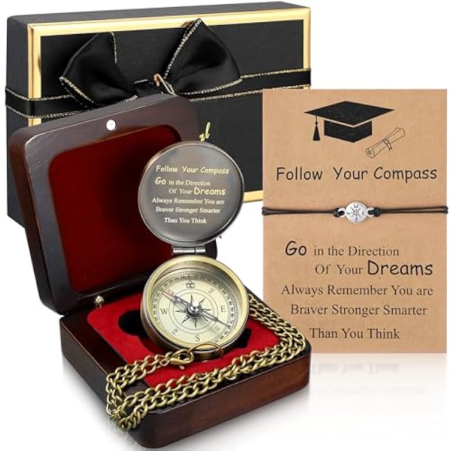 Compass Gift Set Engraved Compass with Chain Souvenir Present Bracelet with Greeting Card Walnut Wooden Box Gift Box for Graduation Father's Day Adventure Birthday Baptism Party Favors