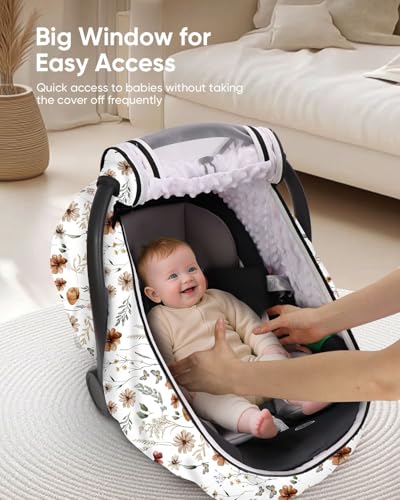Image of Car Seat Cover Baby Girls, Infant Car Seat Canopy Outdoor, 2 Layers with Mesh and Sun Shade Window for Summer Winter, Easy Access Carseat Covers Snug Fit Baby Stroller - Brown Wildflower