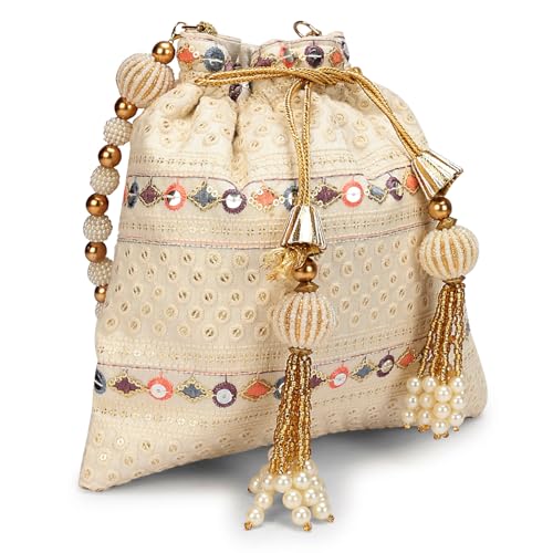 Image of LONGING TO BUY Indian Embroidered Pearl Potli Bag For Women, Sequence Design with Tassel, Wedding Potli Bags