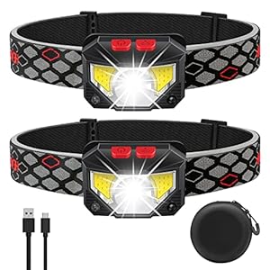 GARRAS Lampe frontale LED Rechargeable, 800 Lumens Torche Frontale avec Lumière Rouge Blanche, 2-Pack étanche Détecteur de Mouvement Phare, 8 Modes pour Camping, Pêche, Cyclisme,Course à pied