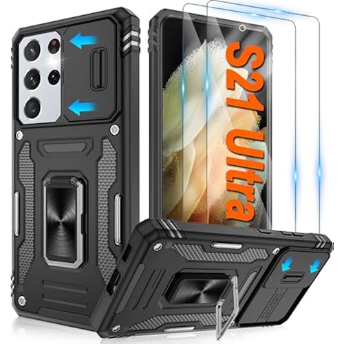 ATUMP for Samsung Galaxy S21 Ultra Case with [2 Pack] HD Screen Protector with Slide Camera Cover, 360° Rotation Ring Kickstand [Military Grade] Shockproof Protective Case for S21 Ultra, Black