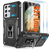 ATUMP for Samsung Galaxy S21 Ultra Case with [2 Pack] HD Screen Protector with Slide Camera Cover, 360° Rotation Ring Kickstand [Military Grade] Shockproof Protective Case for S21 Ultra, Black
