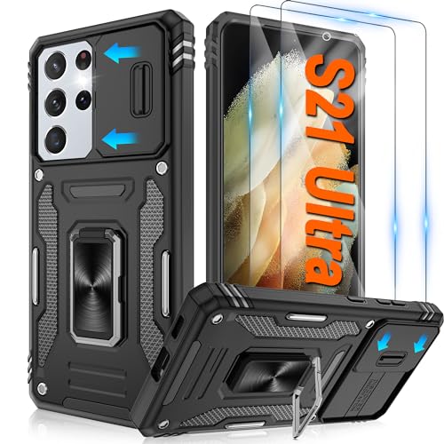 ATUMP for Samsung Galaxy S21 Ultra Case with [2 Pack] HD Screen Protector with Slide Camera Cover, 360° Rotation Ring Kickstand [Military Grade] Shockproof Protective Case for S21 Ultra, Black