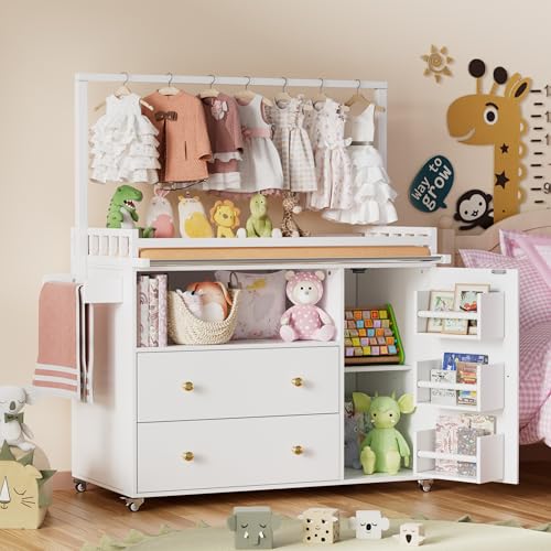 Image of PAKASEPT Baby Changing Table, Infant Diaper Changing Station with Wheels & Wide Table Top & Clothes Rail, Baby Changing Table with Two Drawers and Cabinet for Nursery and Kids