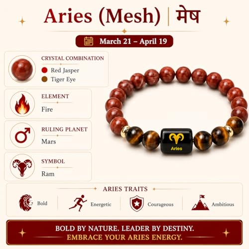 Image of Aries Zodiac Bracelet (मेष राशि) | Certified Healing Crystal for Confidence, Protection & Stability | Original Red Jasper & Tiger Eye Stone | Bracelet for Man & Woman | Gift for Man & Woman