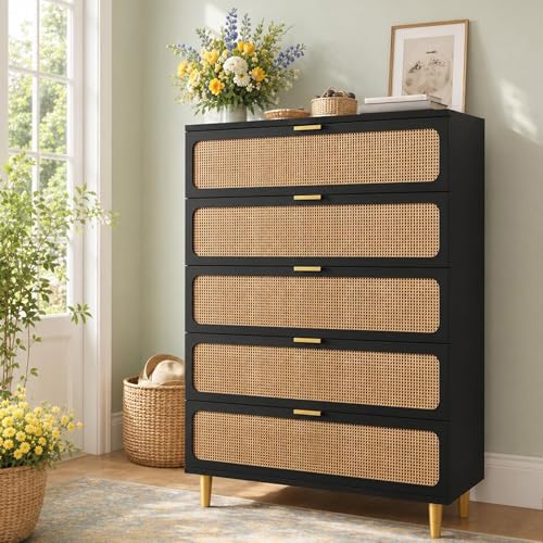 Garvee Rattan Dresser with 5 Drawers, Tall Modern Closet with Deep Storage, Large Chest of Drawers with Wide Top, Long Wooden Dresser for Bedroom, Living Room, Hallway, Kids Room, Black Blac