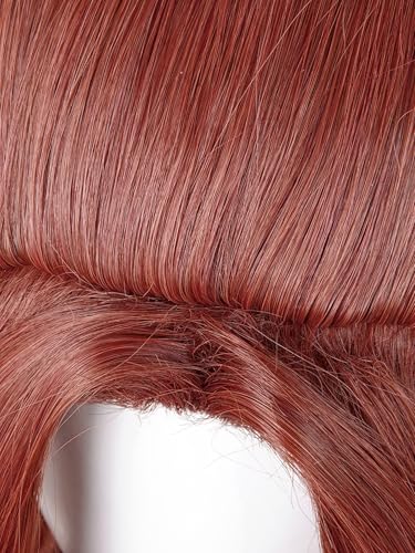 Image of Half and Half Red Brown Ponytail Wig with Bangs Long Curly Dark Brown Anime Cosplay Wig Synthetic Hair for Women Halloween Party