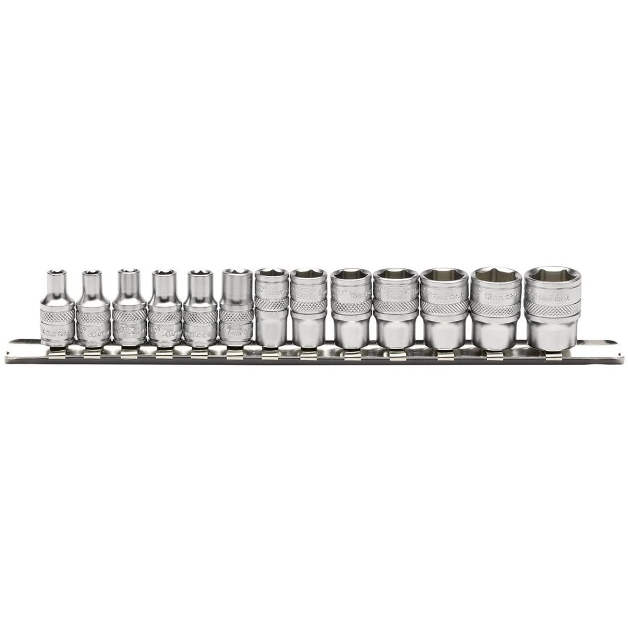 Draper 16487 1/4-Inch Square Drive Metric Sockets on Metal Rail, 13 Piece