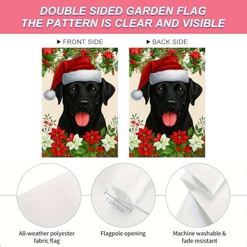 Image of BlissYard Christmas Garden Flag 12x18 Inch Black Labrador Dog Outdoor Flag Double Sided Holiday Yard Banner with Santa Hat Poinsettias and Holly Leaves for Porch Lawn Patio